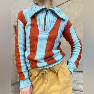 Tach Linette Stripe Sweater Sz L Rust Red Aqua Blue Coastal Grandpa Prep Sporty
